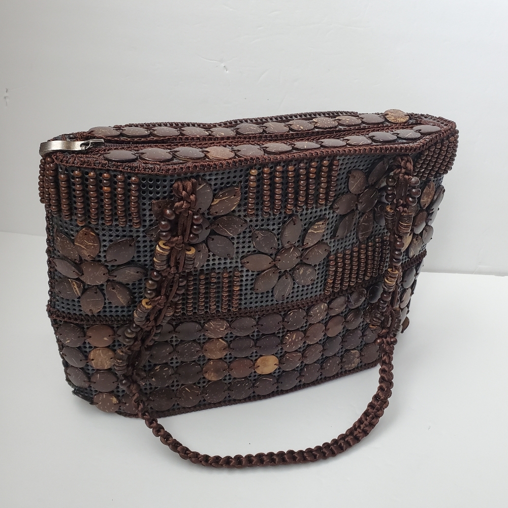 Handbag with Wooden Beads Circles Flowers